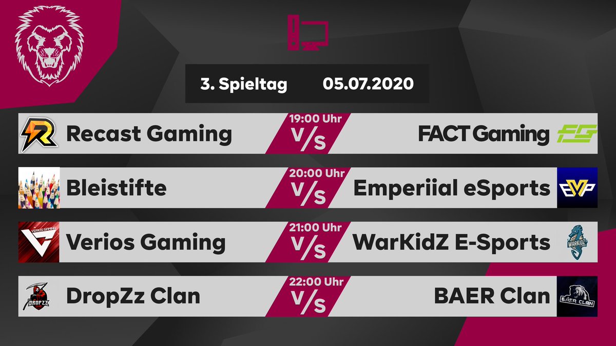 ⚠️ SPIELTAG 3 [GCS PC]
>> twitch.tv/germancommunit… 
🎙mit @ScorpyR6 &amp; @ThorsHeroR6 

Wir starten ab 18:30 den Stream mit:
<a href="/gaming_recast/">Recast Gaming</a> vs <a href="/factgamingde/">FACT Gaming</a> 
<a href="/Bleistifte1/">Bleistifte</a> vs <a href="/Emperiial/">Emperiial eSports e.V.🇩🇪</a> 
@veriosGaming vs <a href="/WarKidZ/">WarKidZ</a> 
@DropZz_Clan vs <a href="/clan_baer/">Baer Clan</a> 
#r6s #pc #liga #gcs #gccup
