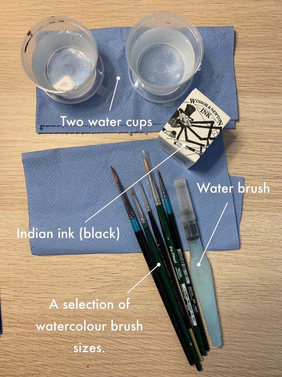 Ok, here we go again! Today’s tools: pencil tools that were covered yesterday, masking fluid for brightest white highlight areas (prevents ink from touching that part of the paper), my preferred precision drawing pens for this type of work & my ink wash setup. Details to follow.