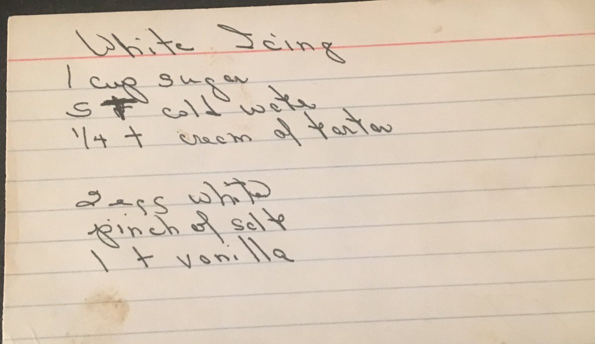 SherriDavis's tweet photo. @duffgoldman 
Hi - I have this v old recipe for white icing from my Mom ...but there are no instructions.  I’m trying to make one of her cakes...can you help? 
Thx from a @Ravens fan &amp; fellow Bmore native. https://t.co/q98LHYr9VK