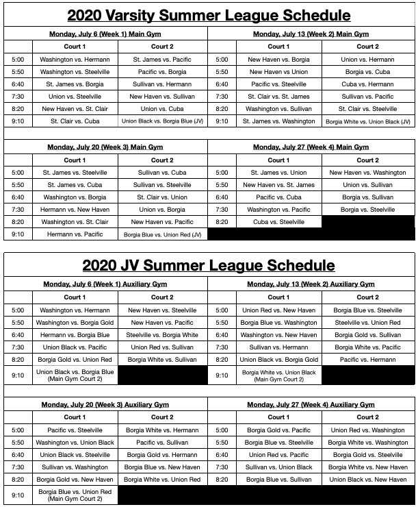Union Summer League Game Schedle