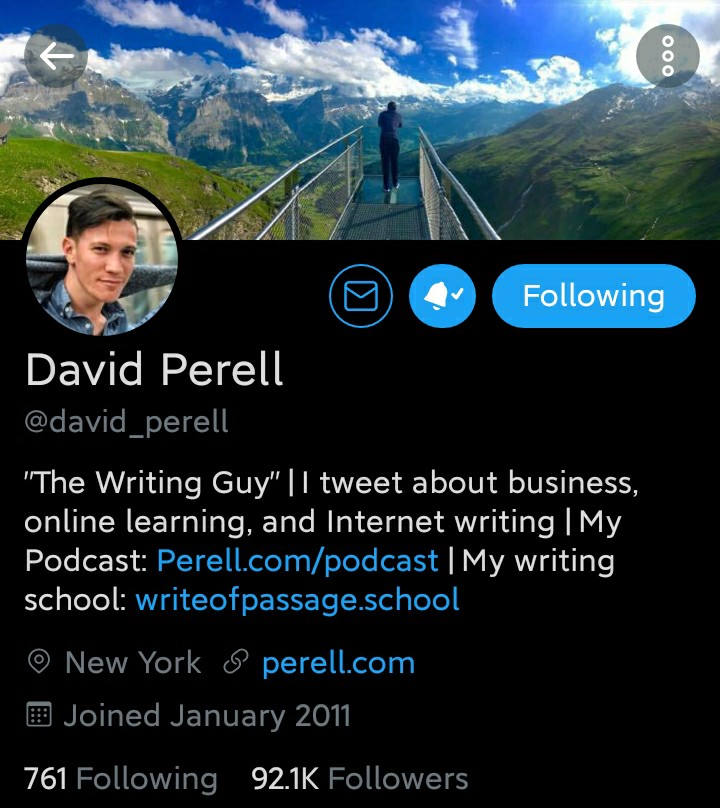 First we have  @david_perell .One look and you understand that he is THE WRITING GUY.He has built that personal monopoly over the years.Lesson 1: It takes time.Lesson 2: You are 'supposed' to be best.