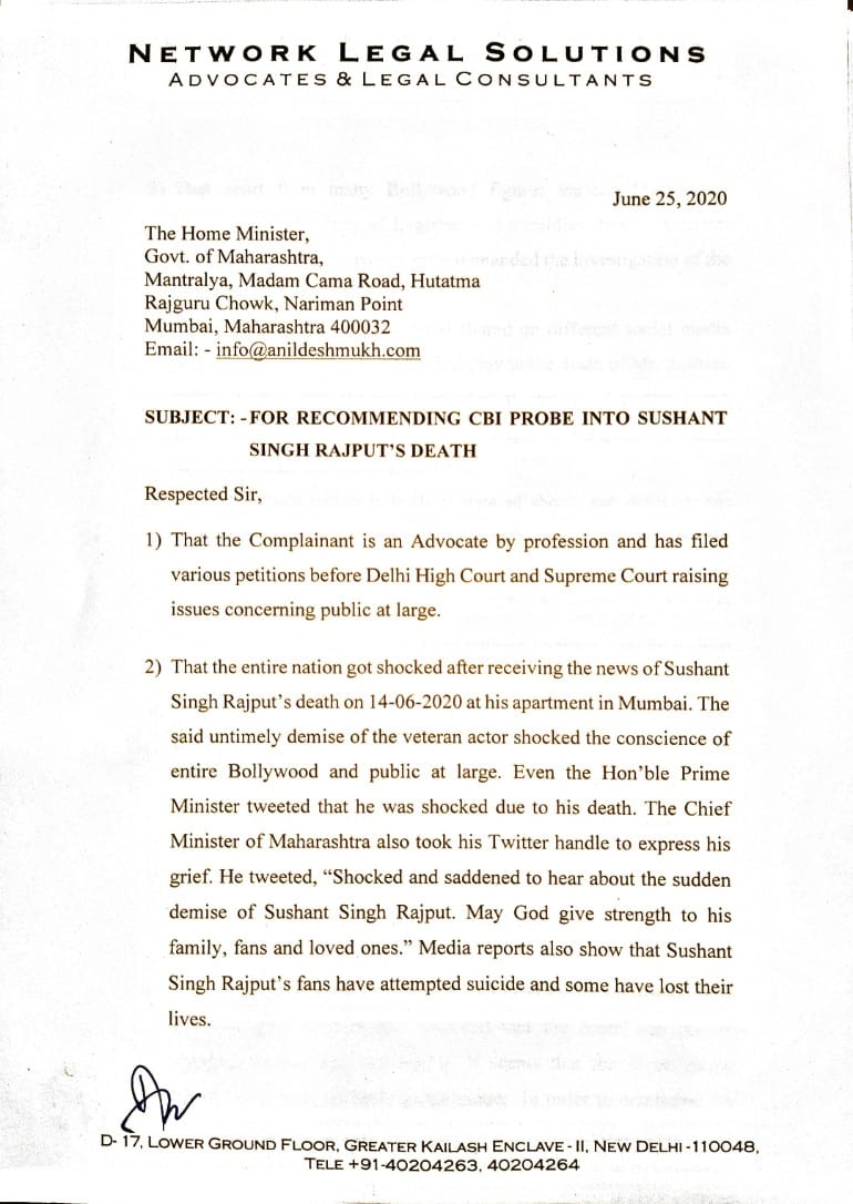 ApurvaU21's tweet photo. Advocate Amit Sahni @AdvAmitSahni made a complaint to Home Minister of Maharashtra State, Director of CBI &amp; @India_NHRC demanding CBI enquiry for Sushant Singh Rajput Case. 

This needs to taken up !!!

Kindly look into this @narendramodi @AmitShah

#PMModiCBIForSSR https://t.co/CsYUcIeQ5k