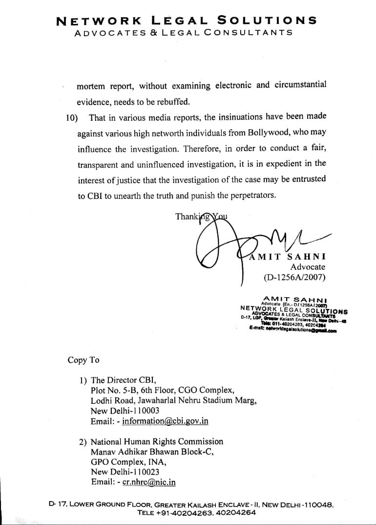 ApurvaU21's tweet photo. Advocate Amit Sahni @AdvAmitSahni made a complaint to Home Minister of Maharashtra State, Director of CBI &amp; @India_NHRC demanding CBI enquiry for Sushant Singh Rajput Case. 

This needs to taken up !!!

Kindly look into this @narendramodi @AmitShah

#PMModiCBIForSSR https://t.co/CsYUcIeQ5k