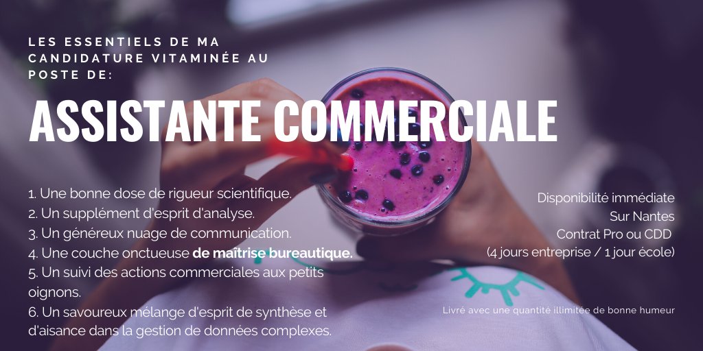 Nathali21437153's tweet photo. Bonjour ☀️

Je sollicite votre aide aujourd’hui car j’ai besoin d’un coup de 👍🏼 pour trouver mon futur poste en tant que #assistantcommercial sur Nantes : contrat pro ou CDD. 
Mon profil Linkedin : https://t.co/cpPCGcWteZ
Merci pour vos #RT !
#i4Emploi
@i4Emploi 
#jobnantes https://t.co/f7Xx4rzE5L