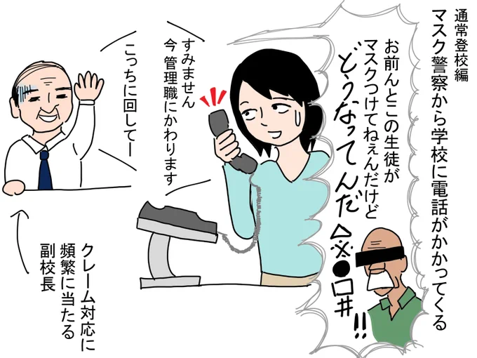 通常登校編。
マスク警察から学校に電話がかかってくる。 