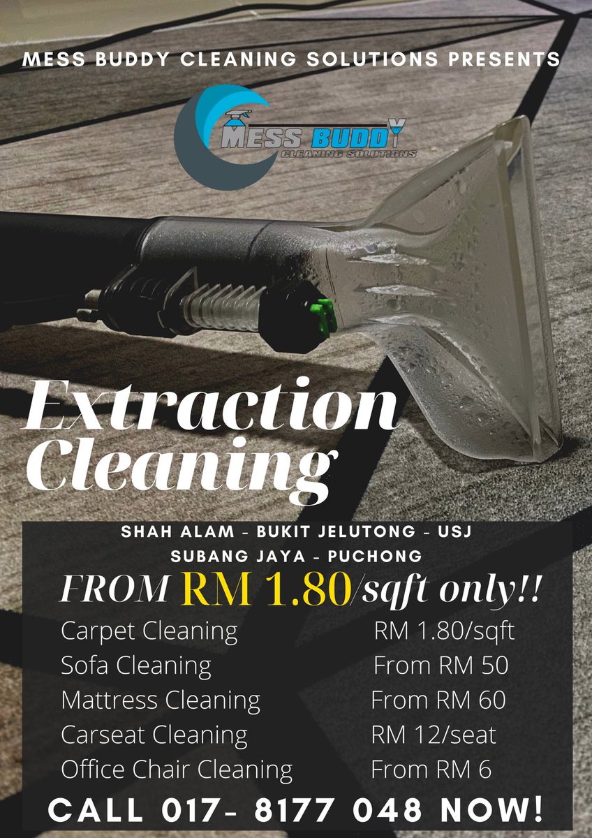 MessBuddy's tweet photo. Rejuvenate your Sofa and Carpet with our Steam and Extraction service! From food stain, grease, pet leftovers and pretty much any mess! We serve to your door so you don’t have to pick up that huge carpets and sofas! Contact us now and make your Carpets and Sofas clean like new✨ https://t.co/nGJ2aTFRQm