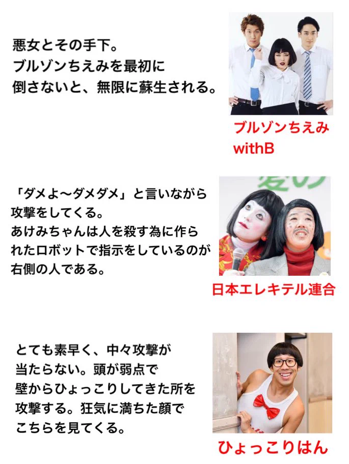 意外と強敵だらけ！？もしお笑い芸人がゲームの敵キャラだったら手強いwww