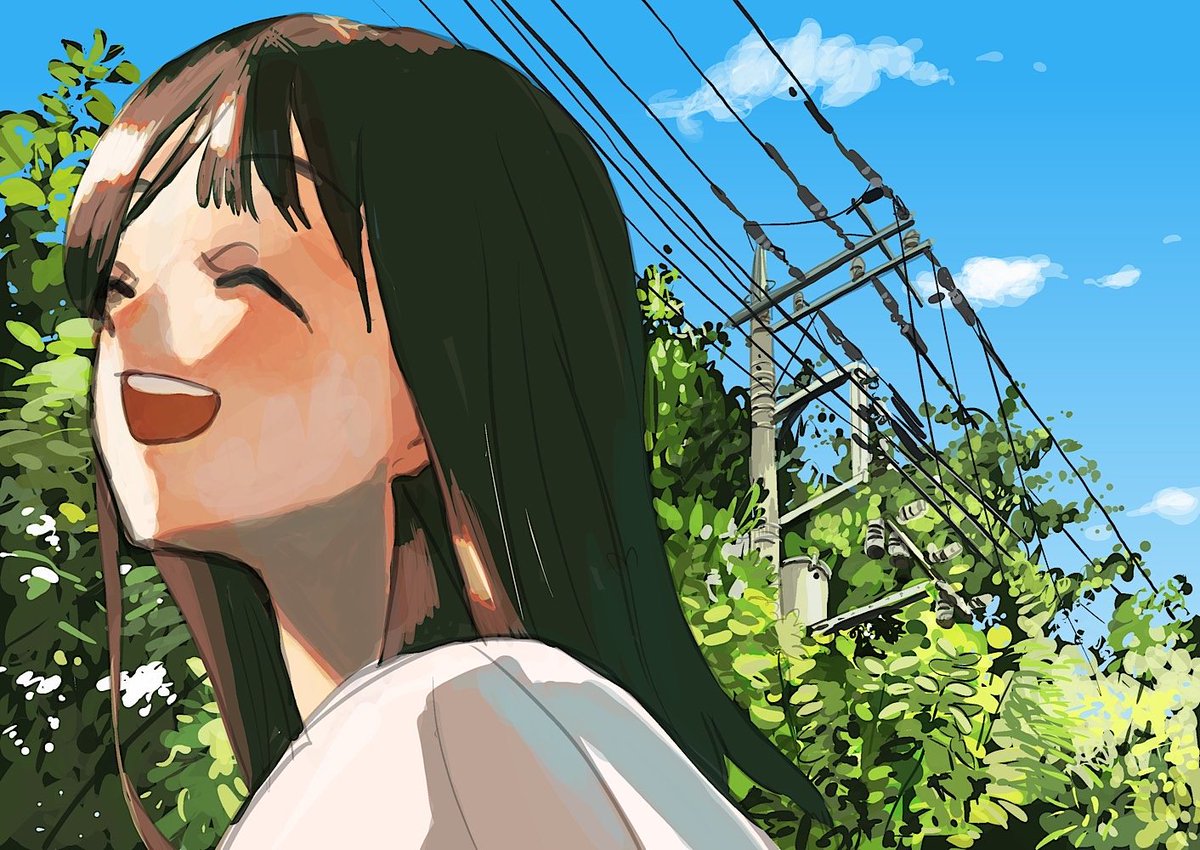 1girl solo sky outdoors closed eyes power lines smile  illustration images