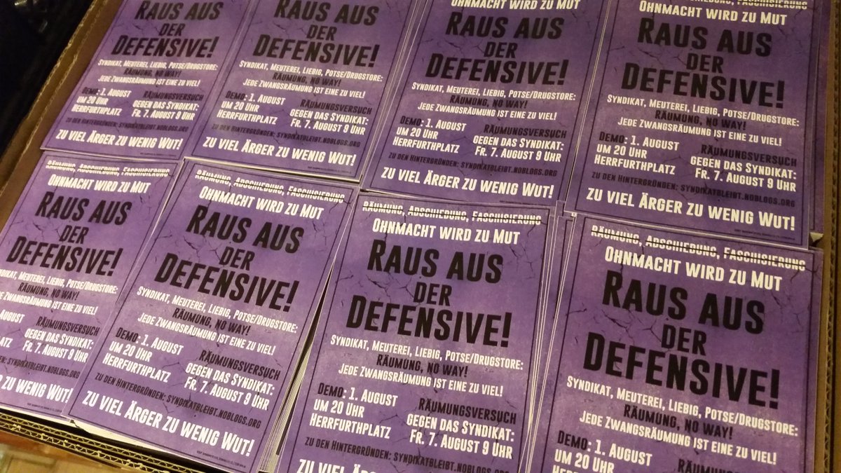 #RausAusDerDefensive! Mobi-Plakate und -Sticker zur Demo am 1. August / #b0108 und unserem 1. Räumungsversuch / #b0708 gibt es ab sofort bei uns in #Neukölln und Anfang der kommenden Woche an anderen Abholstationen in #Berlin. Spread the word: #WirBleibenAlle!