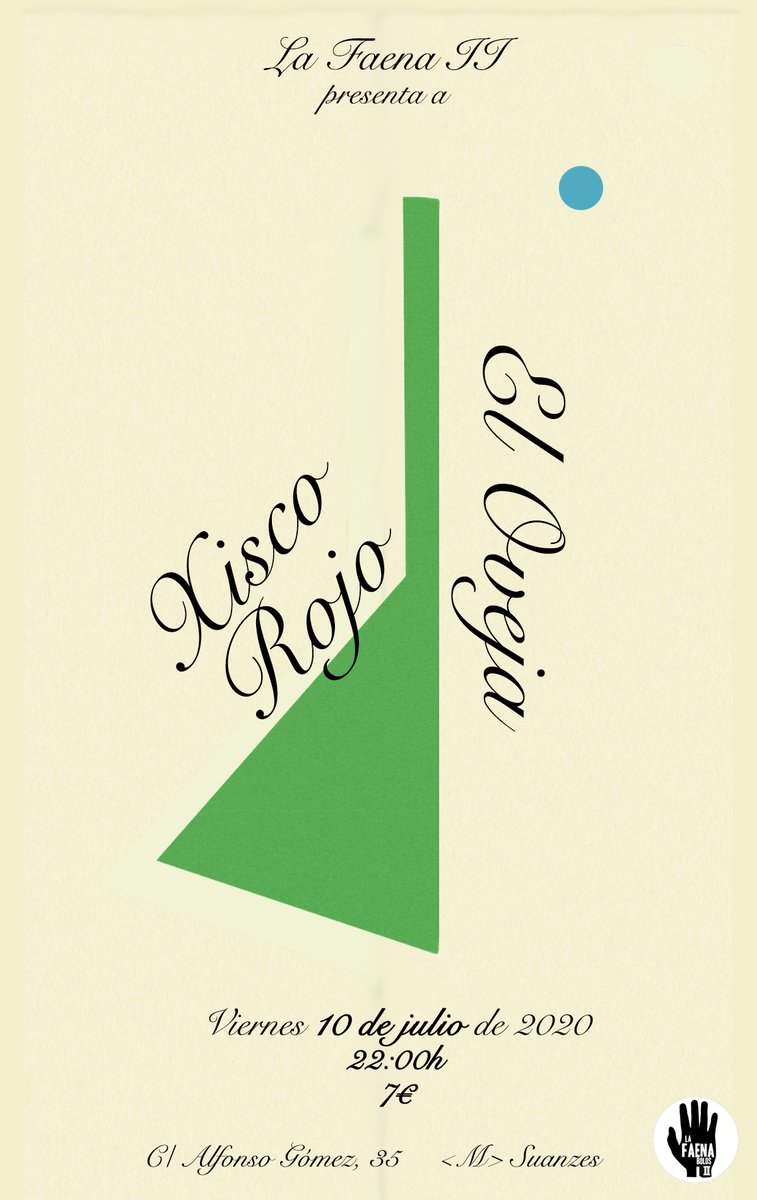 El próximo viernes 10 de julio regresan los conciertos a La Faena II: XISCO ROJO + EL OVEJA. 22h. 7 euros. Aforo limitado. lafaenabolos.blogspot.com/2020/07/vierne…