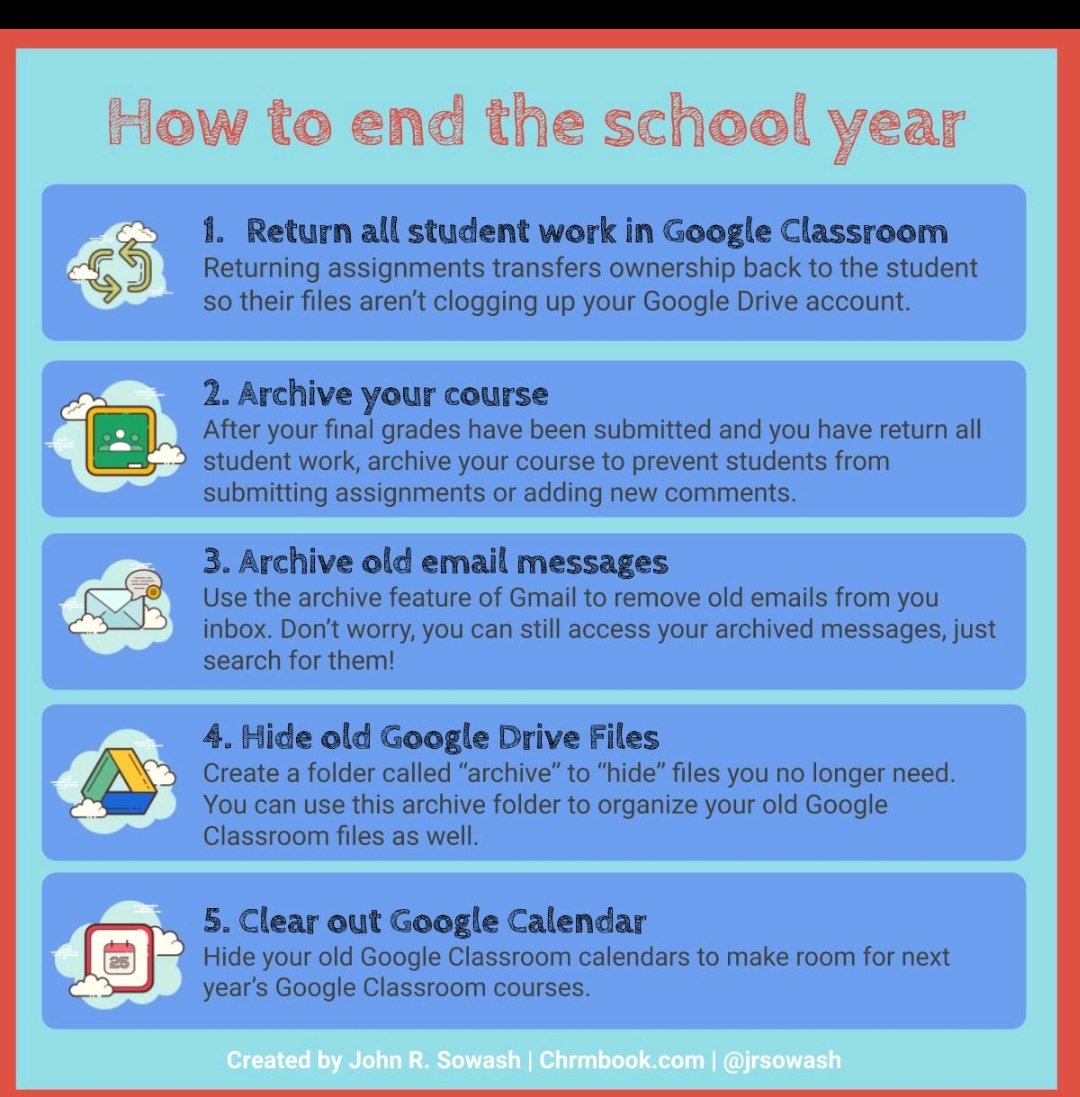 Finaliza el curso. IMPRESCINDIBLE archivar de forma ordenada tus #googleclassrom. Adelanto una infografía de <a href="/jrsowash/">John R. Sowash</a>, aunque como cada curso informaremos a los suscriptores del newsletter de <a href="/ScoolTic/">Scooltic</a>