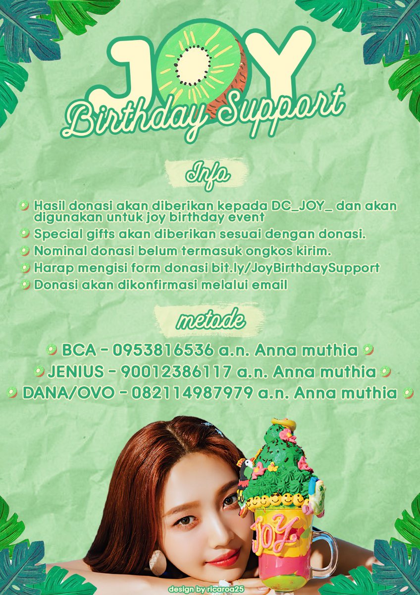 redvelfess's tweet photo. 💚🎂 JOY BIRTHDAY SUPPORT 🎂💚

@partofjoysworld membuka donasi untuk mendukung perayaan ulang tahun Joy yang ke-25 tahun. 

Hasil donasi akan diberikan kepada @DC_JOY_ 

Periode donasi: 11 Juni - 31 Agustus 2020

Link Donasi:
https://t.co/xF2wyL7qL8

#Joy #RedVelvet @RVsmtown https://t.co/jzGcLEa9x7