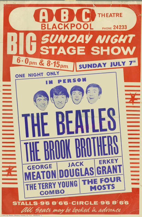 espofootball's tweet photo. #OTD Jul7,1963 The #Beatles perform at the ABC Theatre in Blackpool, Lancashire. Also on the bill The #BrookBrothers #GeorgeMeaton, #JackDouglas, #ErkeyGrant, The #TerryYoung Combo and The #FourMost https://t.co/lS8N5yvUMn