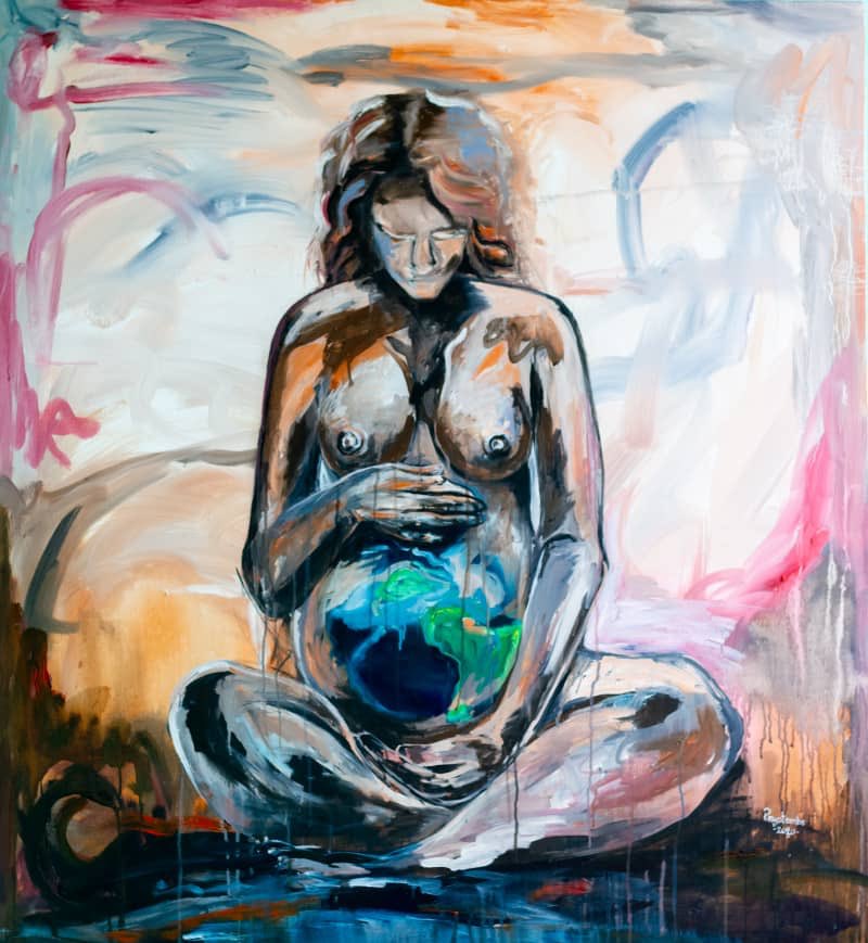 Titre :porteuse du monde 
Technique : acrylique sur toile 
Dimension :120/130cm
Année :2020