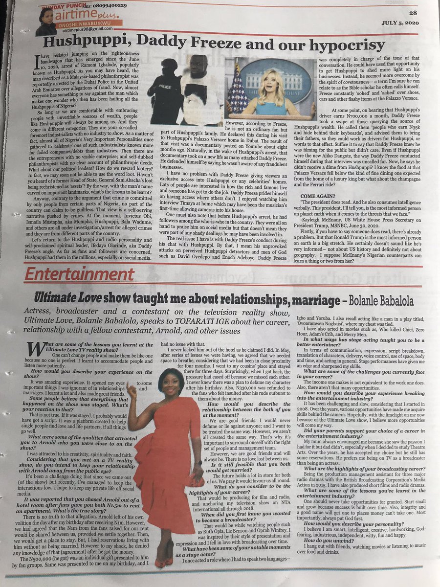 BolanleOfficial's tweet photo. Do ensure you grab yourself a copy of Today’s Punch Newspaper because your fave was featured. Answers to certain issues ranging from my relationship to marriage can also be found here. 😉
Enjoy guys. 
Happy Sunday ❤️

#Bolanle #UltimateLoveNG https://t.co/iIJwJgyL0F