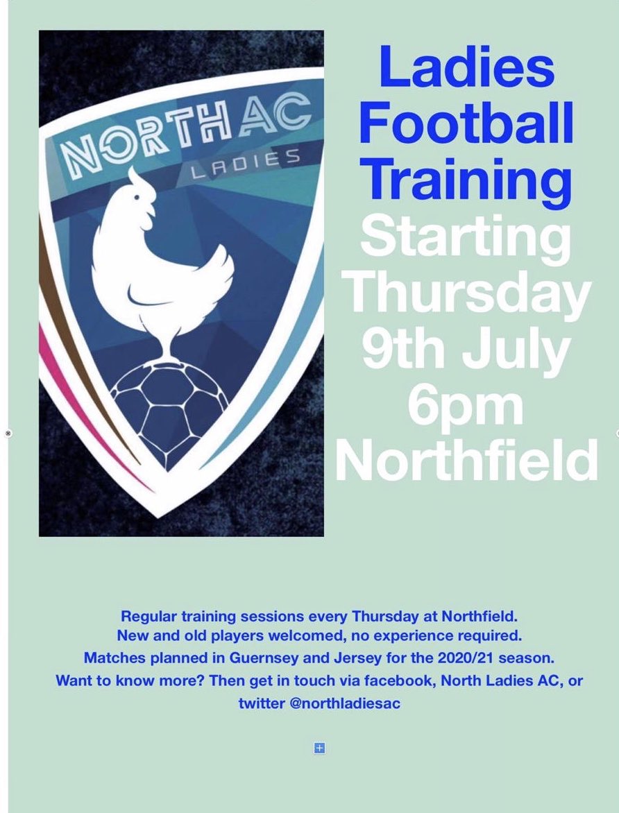 DonnaAG10's tweet photo. Calling all female footballers in Guernsey over the age of 16. North Ladies AC will be beginning training on Thursdays at Northfield from this week (9th) at 6pm! 
Please come along and give it a try, we welcome all players. 
Any questions please DM me ⚽️💙#thesegirlscan https://t.co/e9KL8RsnPj