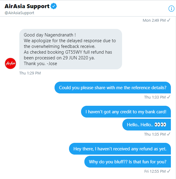chnnath's tweet photo. Whom are you fooling around with? Why are you not being able to refund? This refund was initiated in April 2020! A quarter has passed! Why do you choose to make a false claim that you have processed the refund? In actual you didn't!!
@AirAsiaSupport @AirAsiaIndian @AirAsia https://t.co/iEilsI0IRQ