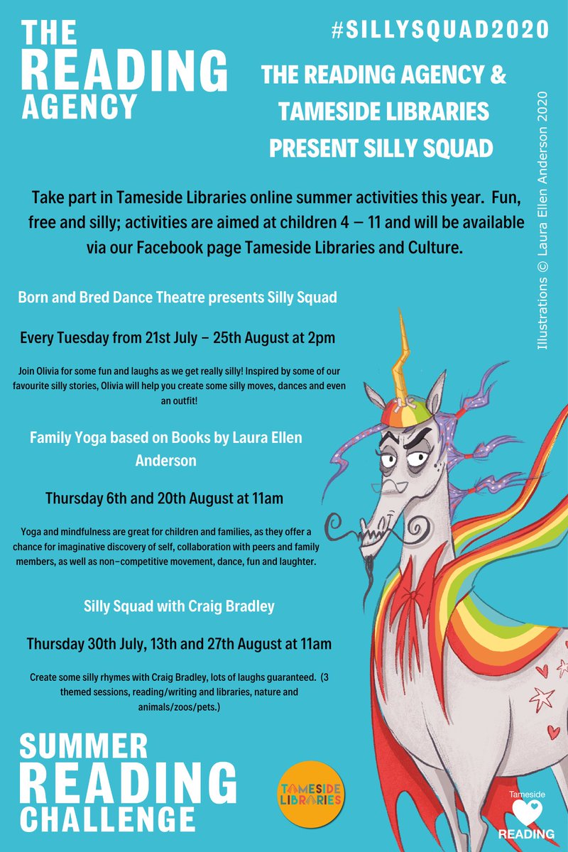 Since we can't do our usual #SummerReadingChallenge activities we've got some special digital ones coming very soon.

Silly dancing, rhyming and book themed yoga sessions for everyone to enjoy. @tmbc_places @TamesideCouncil 

#LetsGetSilly #SillySquad2020 #LibrariesFromHome