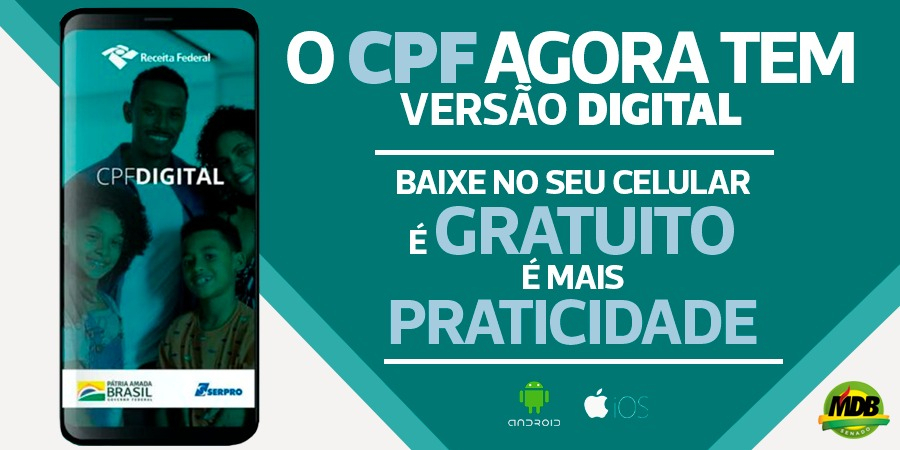 mdbnosenado's tweet photo. A Receita Federal lançou o aplicativo #CPFDigital 📲para você baixar no celular e levar para onde quiser. O aplicativo está disponível para android, IOS e pode ser baixado gratuitamente.
#MDB #MDBnosenado #eusoumdb #pontodeequilibrio #CPF #documento #aplicativo #pessoafisica https://t.co/nLHSpOOQ4C