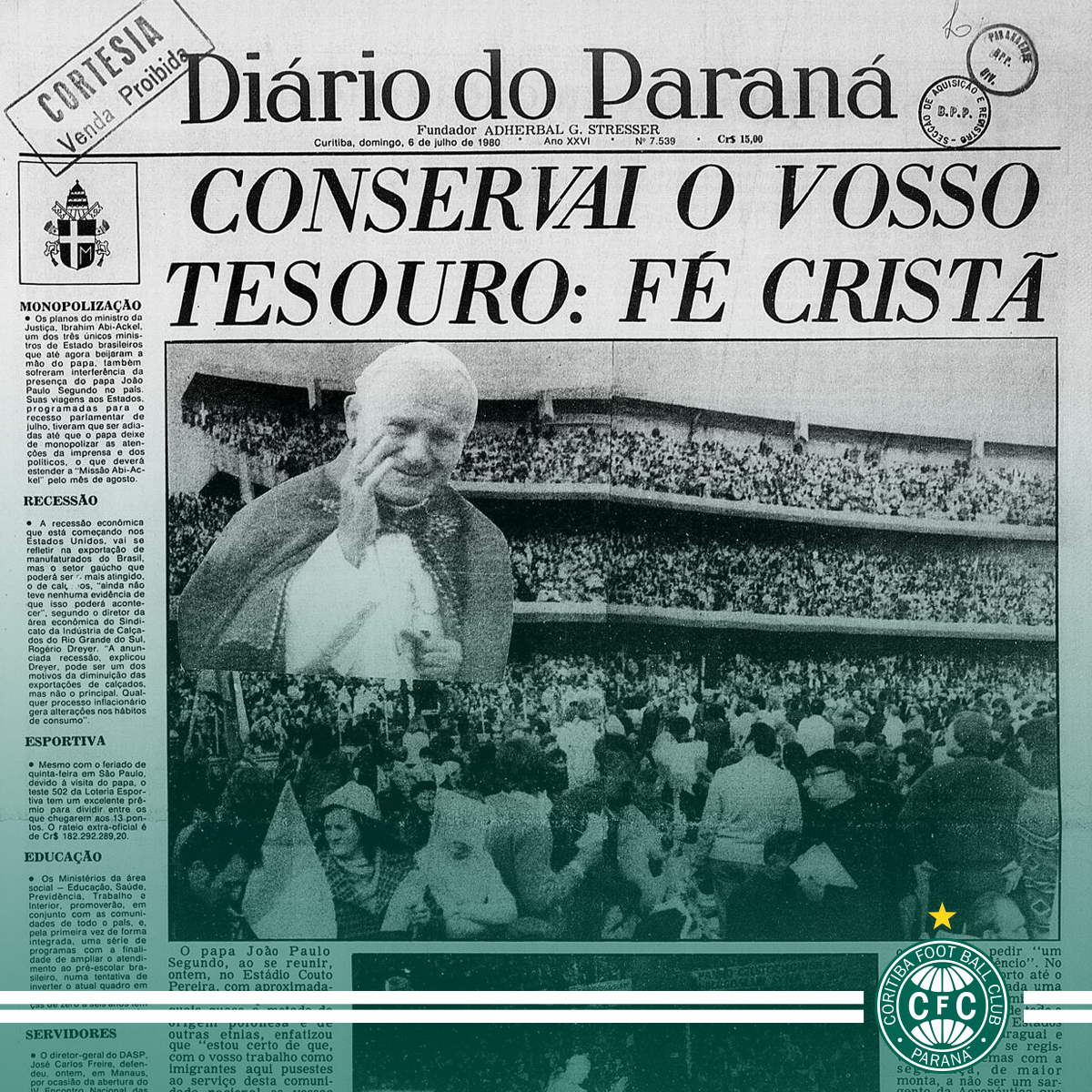 Coritiba's tweet photo. 🏟 💚 Há 40 anos, o estádio Couto Pereira  recebia a visita do então Papa João Paulo II. #OrgulhoDoPovo 🇳🇬 https://t.co/ot3fNEhCC7