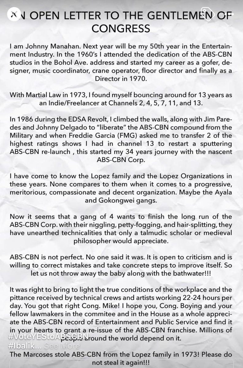 kowalerts's tweet photo. Johnny Manahan, the father of STAR MAGIC, has released a statement calling for ABS-CBN's franchise renewal. #VoteYESforABSCBN ❤💚💙

"ABS-CBN is not perfect no one said it was. It is open to citicism and is willing to correct mistakes and take concrete steps to improve itself." https://t.co/fCBNCpbOUX
