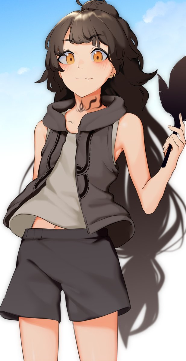 shorts long hair 1girl solo sleeveless hood black hair  illustration images