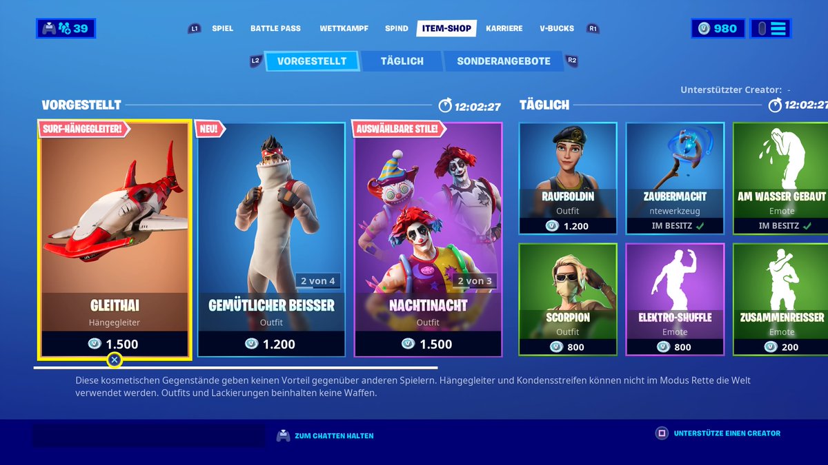 elsenboy1987's tweet photo. Item Shop von 05.07.2020. Einen Lägendären Hängegleiter "Gleithei"sieht heftig aus. Ausserdem 2 neue Skins. "Entspannte Beisserin" "Gemütlicher Beisser"mit den Erntewerkzeug "Haipaddel" und der Lackierung"Haifisch" ."Kuckuck"ist mit "Nachtinacht"und den Erntewerkzeug "Quietscher" https://t.co/zfLb18H9pz