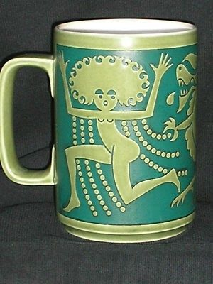 As this wander through the tortured psycho-ceramic landscape of 1970s Britain has gone on longer than I anticipated, l give you (for a second time) the works of John Clappison. The designer who gave us coffee mugs adorned with angry fish, mermaids, witches, Nessie