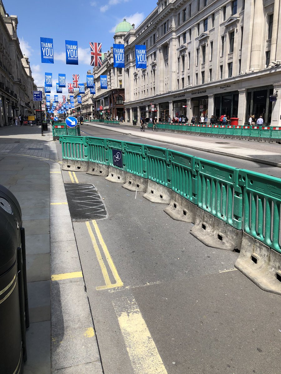 Westminster Council’s changes to Regent Street are absolute rubbish - looks at first glance like a pop-up protected cycle lane but it’s not- they’ve deliberately closed the ends off so you can’t cycle on it. Now carriageway is even more horrible to cycle down than normal – bei  14-16 Regent Street