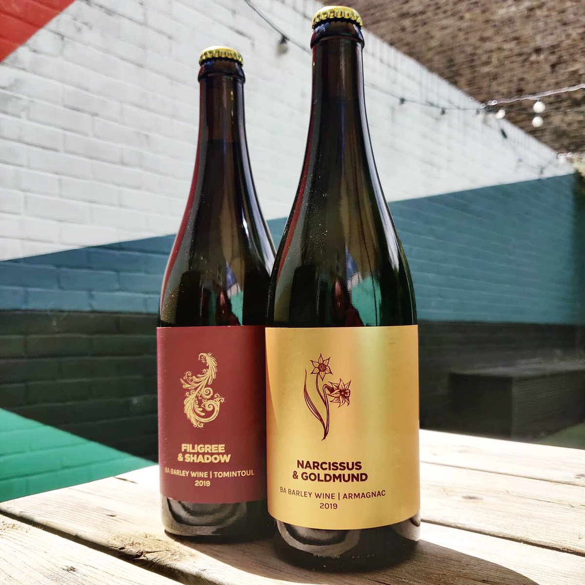 Two barrel aged Barley Wine sharing bottles from @pomonaislandbrew gracing the (now open for table bookings) garden in Brixton. Also available in Putney.
••• 
Available online at shop.ghostwhalelondon.com
•••
Both stores open until 8pm today.