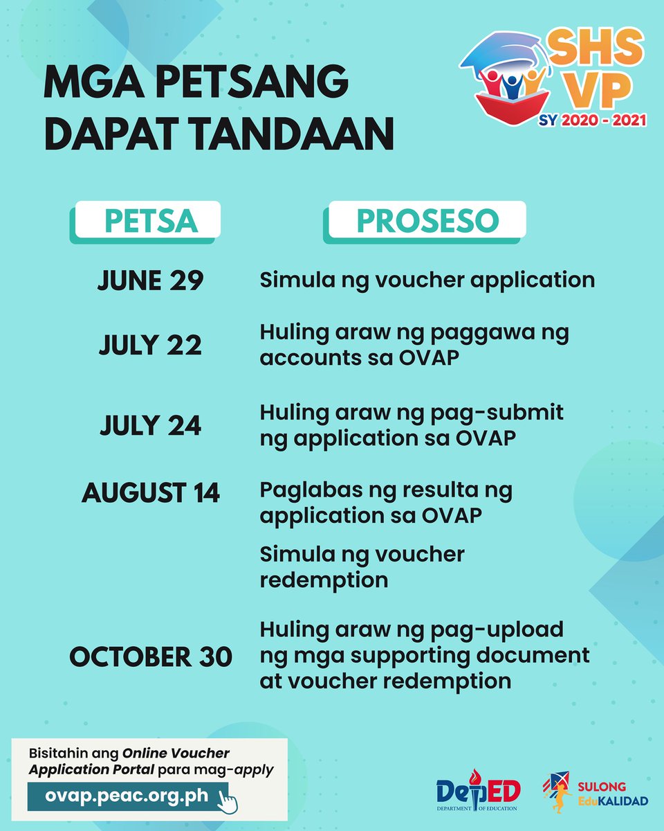 DepEd_PH's tweet photo. Tandaan ang mga mahahalagang petsa na ito para sa kaalaman sa deadlines at paglabas ng resulta kaugnay sa #SHSVP application.
#SulongEduKalidad #DepEdPhilippines #DepEdTayo https://t.co/UT1EdDXQm7