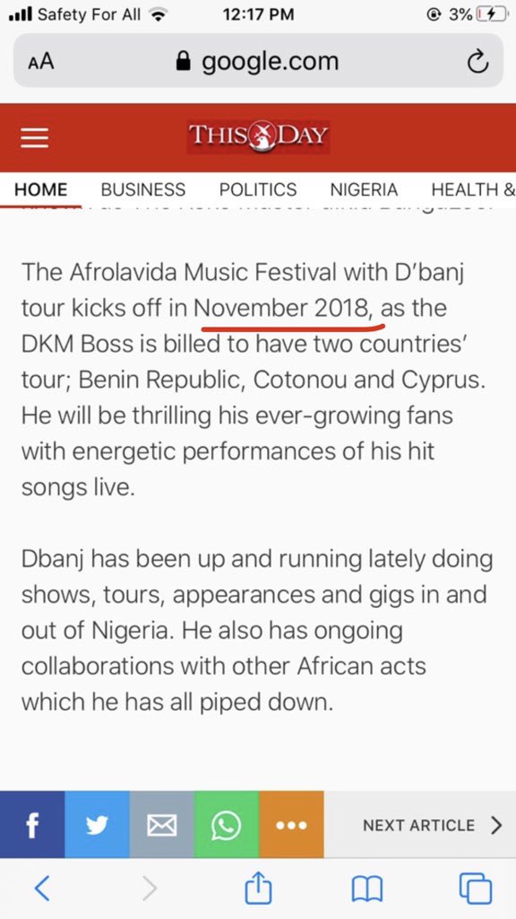 Lies. Fact check: Dbanj was not in Cotonou in September 2018. The Cotonou concert happened in November and it is either you’re a bloody fucking liar or you don’t know what tf you’re talking about.  https://twitter.com/jayleeent/status/1279358149976342528