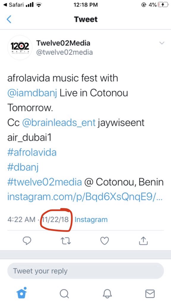 Lies. Fact check: Dbanj was not in Cotonou in September 2018. The Cotonou concert happened in November and it is either you’re a bloody fucking liar or you don’t know what tf you’re talking about.  https://twitter.com/jayleeent/status/1279358149976342528