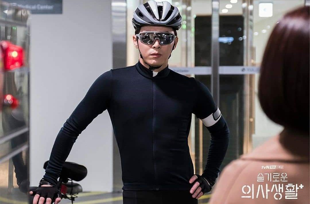 Ep. 2 - His typical house clothes of dark blue shirt and khaki pants , black cycling shirt & pants, careteria head cap, spit guard and apron, red & black striped shirt Band perf: Introduce me to a good person