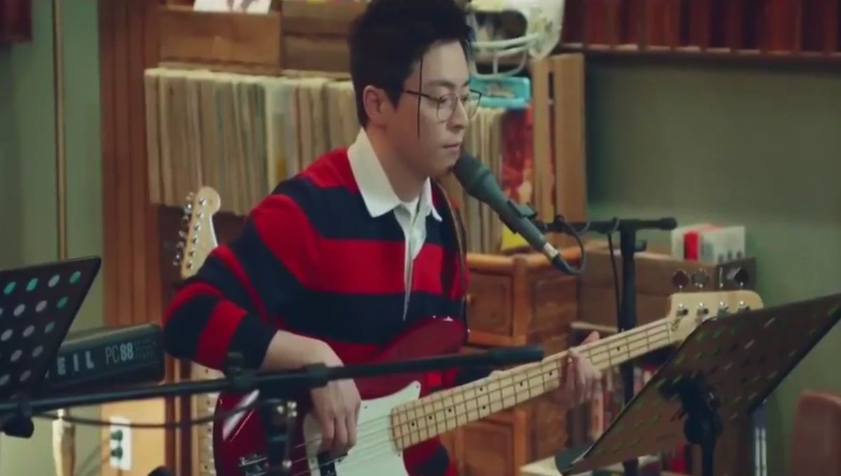 Ep. 2 - His typical house clothes of dark blue shirt and khaki pants , black cycling shirt & pants, careteria head cap, spit guard and apron, red & black striped shirt Band perf: Introduce me to a good person