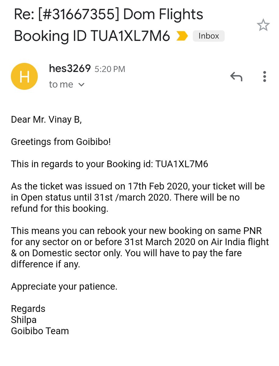 vinaybardia's tweet photo. @goibibo have booked ticket on 17th Feb for 13th June , got reply today that I need to book tickets by 31st March 2020 ,how do I book before that when I came to know about cancellation on June pls check and revert attached screenshot https://t.co/WtCPxfA78D