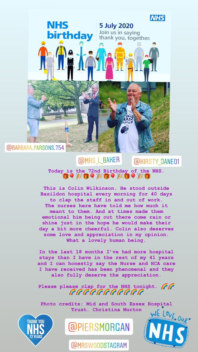 MyLeftBoob3's tweet photo. Happy 72nd Birthday NHS. This gentle Colin stood outside Basildon Hospital clapping the staff in and out of work. Not all superheroes wear capes. And Colin really deserves some recognition too. Xxxx https://t.co/l4ENumrZ5W
