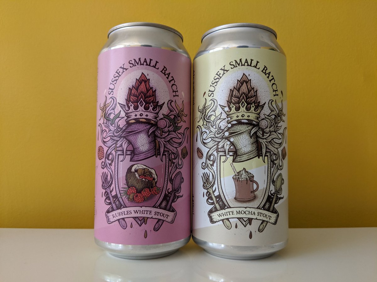New White Stouts from Sussex Small Batch. They're a delight! Ruffles, a Raspberry, Vanilla and Cacao Nib white Stout, and White Mocha, Coffee and Cacao Nib. £10 for the pair, and we also have their Topical and Reece's Stouts if you haven't had them, they're lovely too.