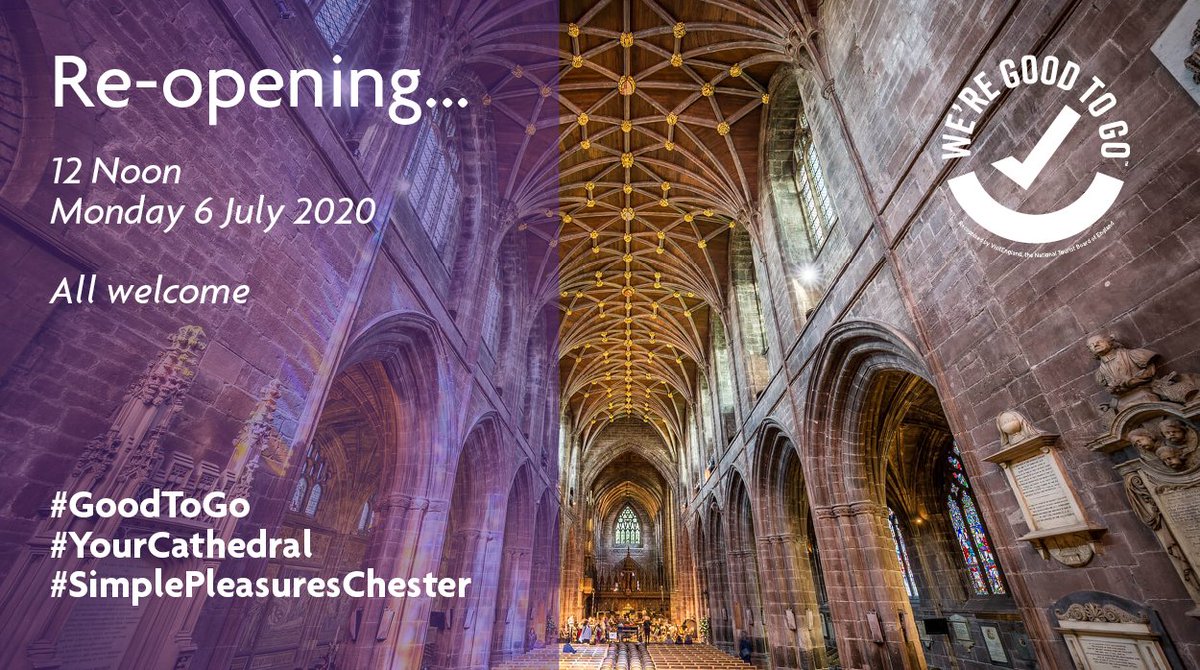 Everything is in place, and we are delighted to re-open the Cathedral tomorrow for you to discover and explore.  Full details of what to expect can be found below, or you can tweet us! bit.ly/CCreopen #WereGoodToGo #SimplePleasuresChester