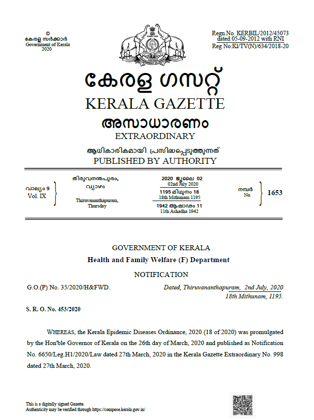 ANI's tweet photo. Kerala Health Department issues notification extending the enforcement of state's #COVID19 regulations till July 2021. https://t.co/e2lrVTK9rI