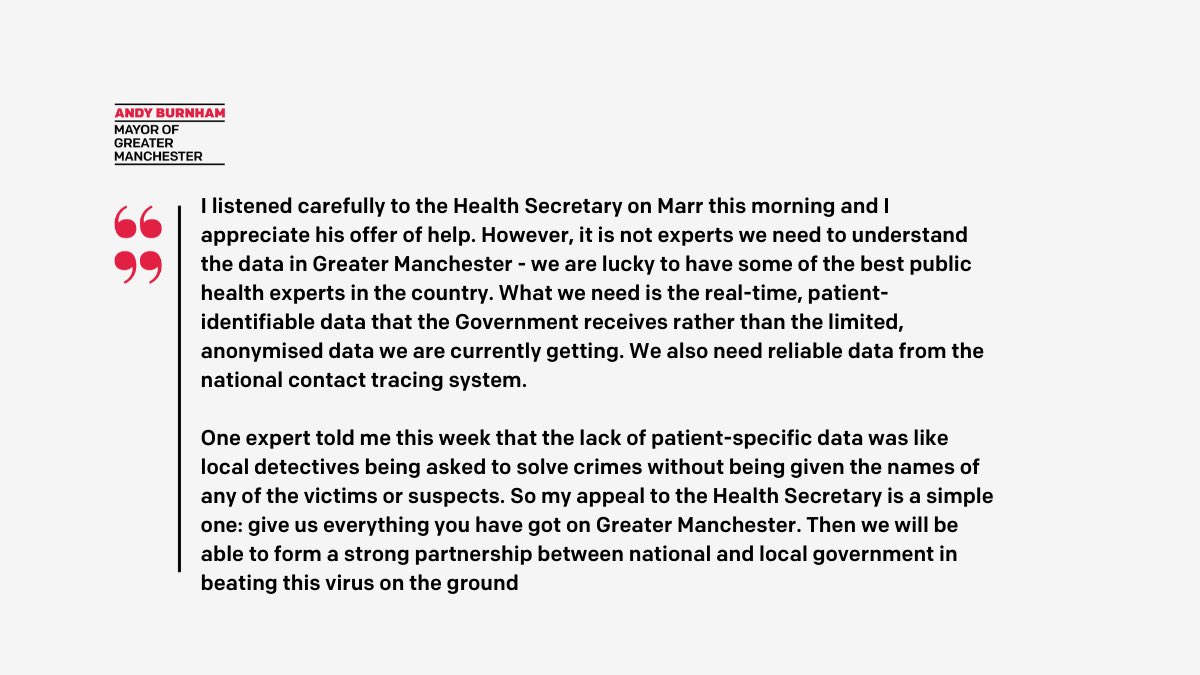 My ask of the Health Secretary is a simple one: give us everything the Government has got on Greater Manchester. That’s not happening at the moment. READ my full reply to @MattHancock’s comments on #Marr this morning 👇