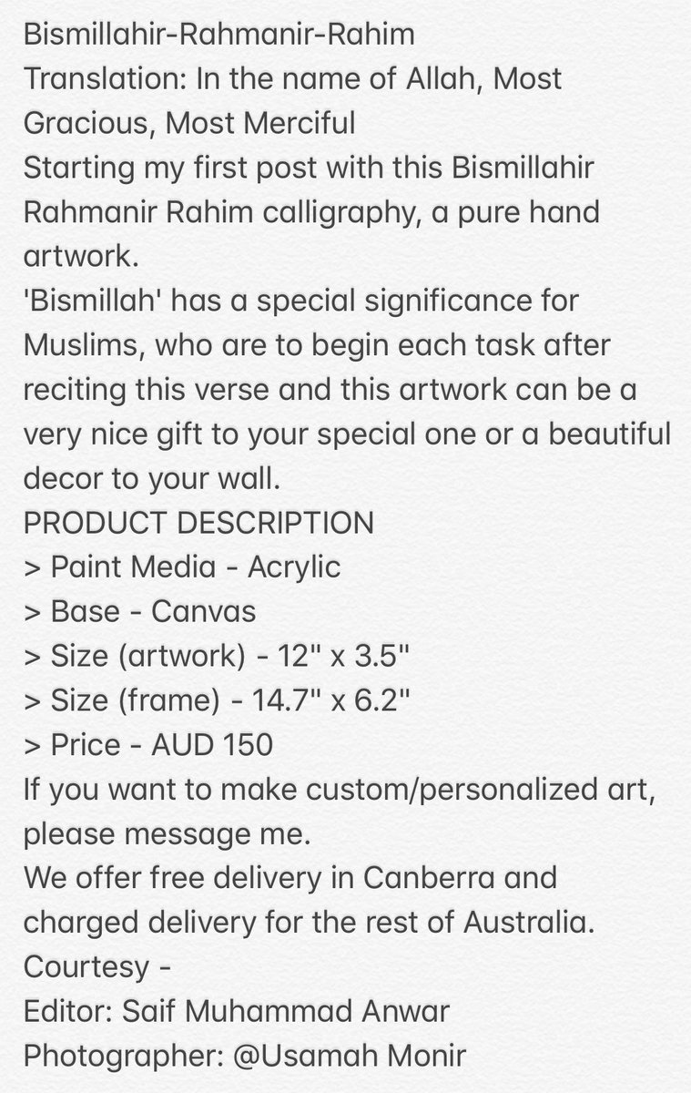 sumayasgallaria's tweet photo. Bismillahir-Rahmanir-Rahim
Translation: In the name of Allah, Most Gracious, Most Merciful
Starting my first post with this Bismillahir Rahmanir Rahim calligraphy, a pure hand artwork.
#IslamicVerses #Canberra #Australia #Sydney #Interiors #HomeDecor #calligraphy #Arabic https://t.co/jpuQ5Q6sQj