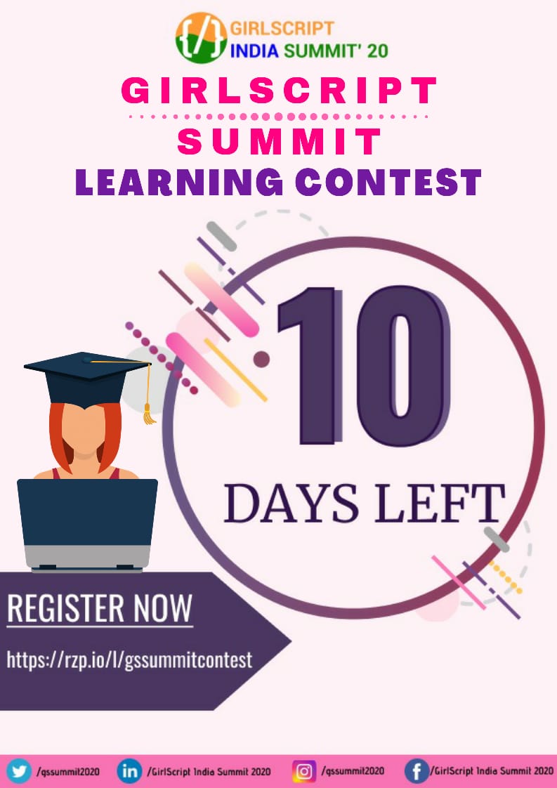 gssummit_2021's tweet photo. ⏳ Only 10 days left for the GirlScript Summit Learning Contest Registration! ⏳

Syllabus &amp; Schedule:
https://t.co/fx1M8iDi20

🗓️19/07/2020 - 25/07/2020

So, What are you waiting for❓

⏱️Hurry Up ⏰
Register now: https://t.co/VX691queE5 

@Girlscript1 #GSSummit #learningContest https://t.co/0AX55XqDLp