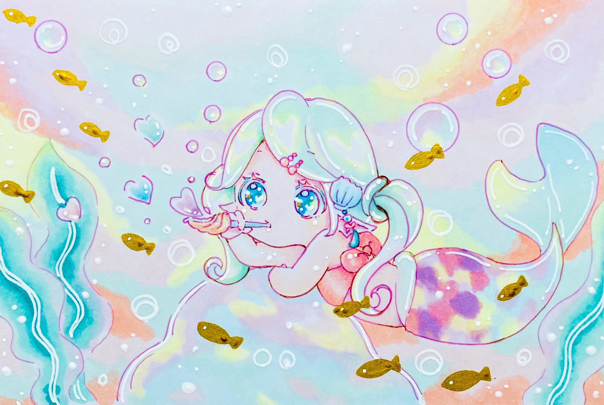 ゆかのんママ 現在お休み中 今日の１日１絵 人魚のお遊び Iilililiill １日１絵 アナログイラスト 人魚イラスト T Co K6efa6mxrz Twitter