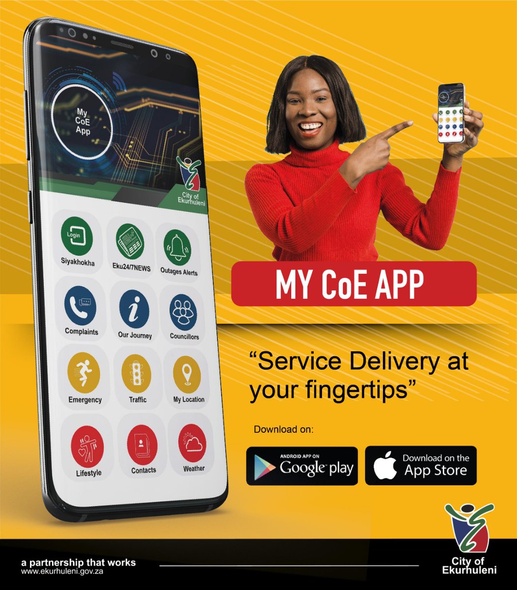 City_Ekurhuleni's tweet photo. 📢 Our new and improved app📱is live - download from the Google Play Store or Apple App. For any downloading/navigating difficulties 📞 us on 011 999 5102. #ServiceDeliveryAtYourFingertips https://t.co/mXHLUc8rwA