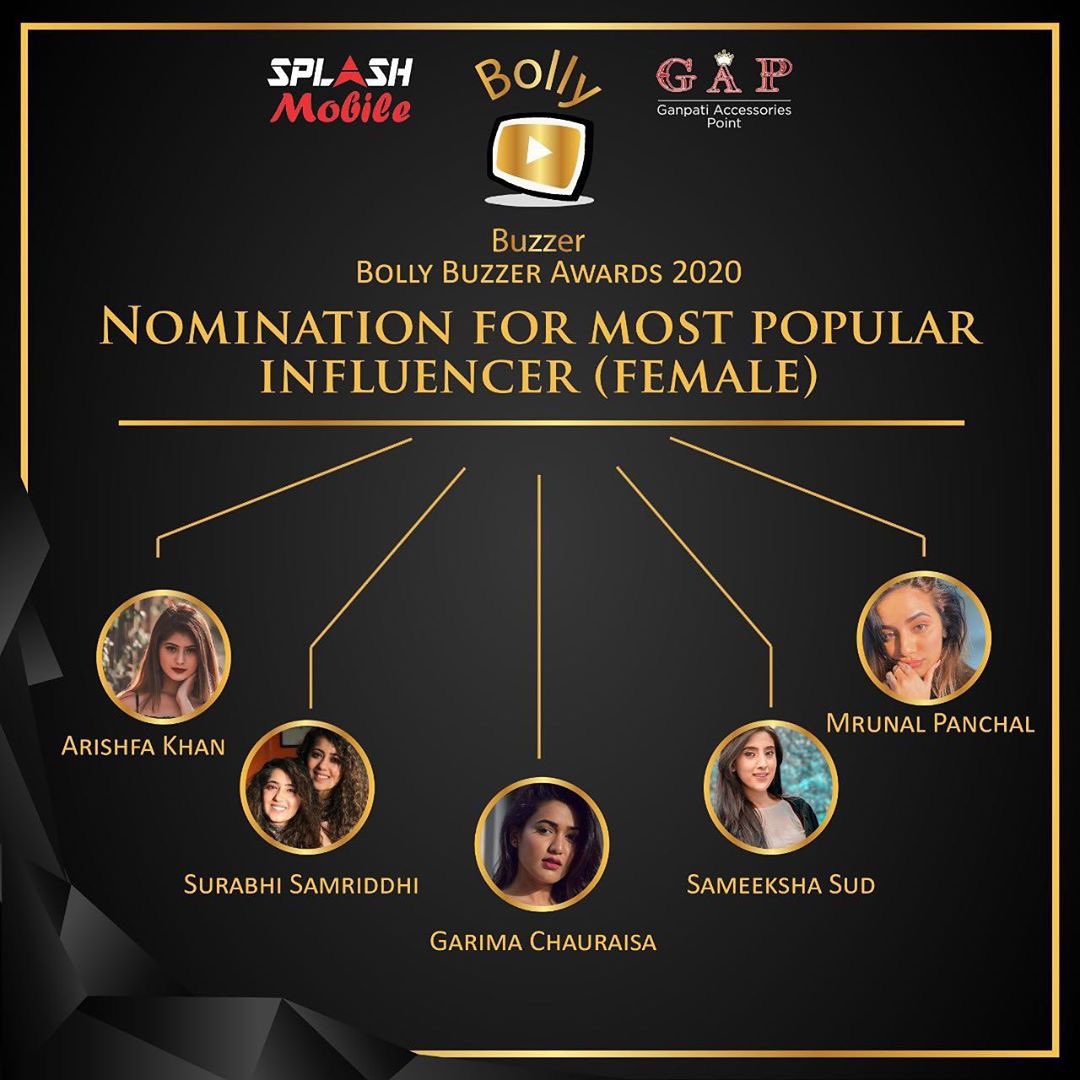 BollyBuzzer's tweet photo. Welcome to bolly buzzer awards 2020

Nominations for most popular influencer(female)
1-arishfa khan
2-surabhi samriddhi
3-garima chaurasia
4-sameeksha sud
5- mrunal panchal 

#bollybuzzerawards
#arishfakhan
#surabhisamriddhi
#chinkiminki
#gimaashi
#sameekshasud
#mrunalpanchal

👇 https://t.co/u6uTIcC9kV