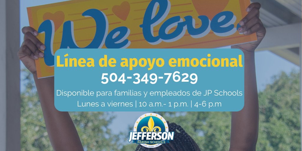 JPschools's tweet photo. Parents of JP Schools students &amp; staff members may call (504) 349-7629, weekdays from 10 a.m. to 1 p.m. or between 4 to 6 p.m. to speak to one of our trained mental health professionals. If students, staff, or families are in a life-threatening situation, they should call 911. https://t.co/rQZ4NuH9p3
