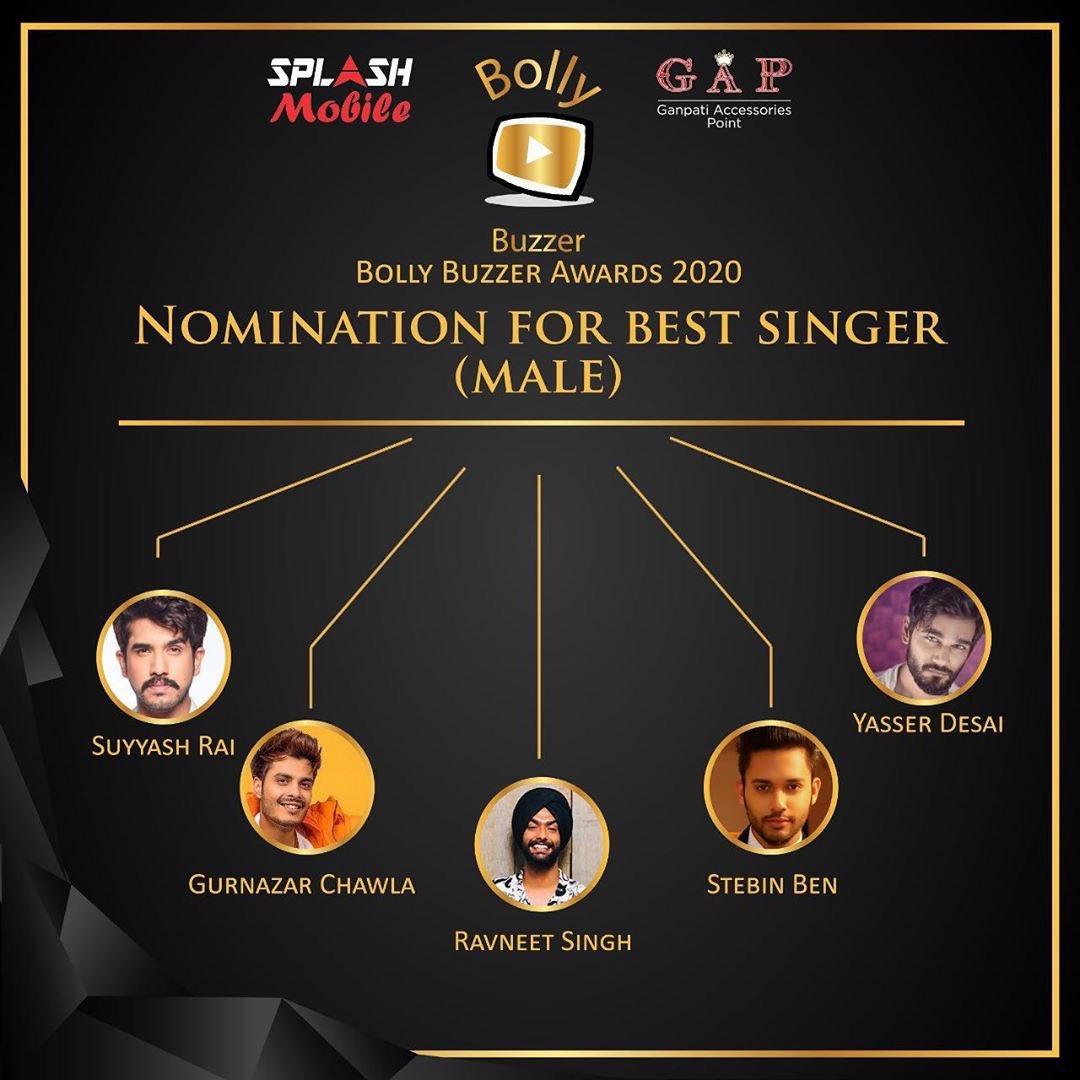 BollyBuzzer's tweet photo. Welcome to bolly buzzer awards 2020
Nominations for best singer (male)
1-stebin ben
2-yasser desai
3-gurnazar chattha
4-ravneet Singh 
5-suyyash rai

#bollybuzzerawards
#stebinben
#suyyashrai
#gurnazarchattha
#ravneetsingh
#yasserdesai
#gurnazar 

Comment down👇 https://t.co/DMLY5bcLVC