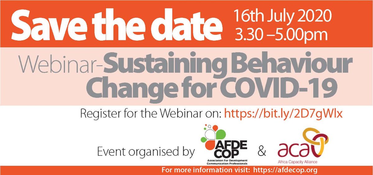 Save the Webinar Date📣

Topic:  Sustaining Behaviour Change for COVID-19 organized by <a href="/afdecop/">afdecop</a> <a href="/ACA_Health/">ACA</a>
When: 16th July 2020
Time: 3:30 pm - 5:30 pm EAT
Where: Zoom

Join a panel of health and communication experts in the discussion. Register Here!
bit.ly/2D7gWlx