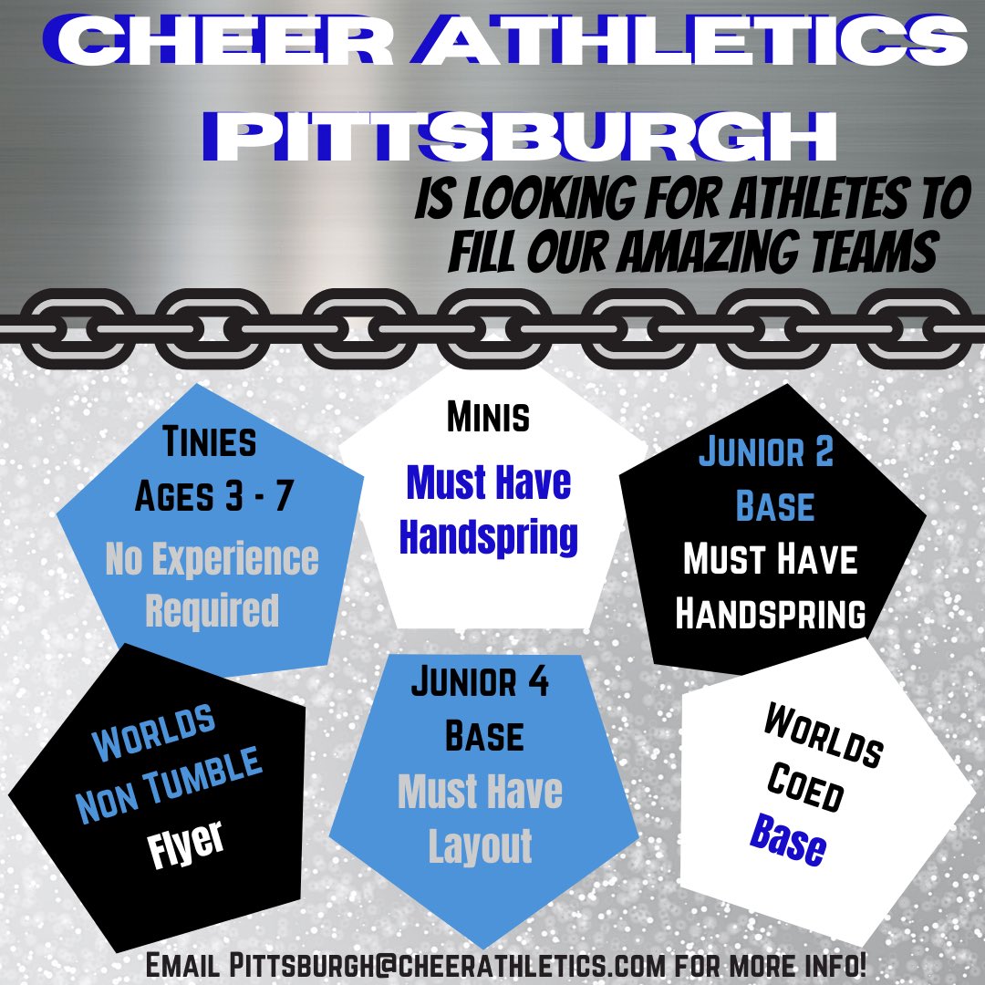 We have some openings left! Hurry they won’t be open for long! 
Email Pittsburgh@cheerathletics.com